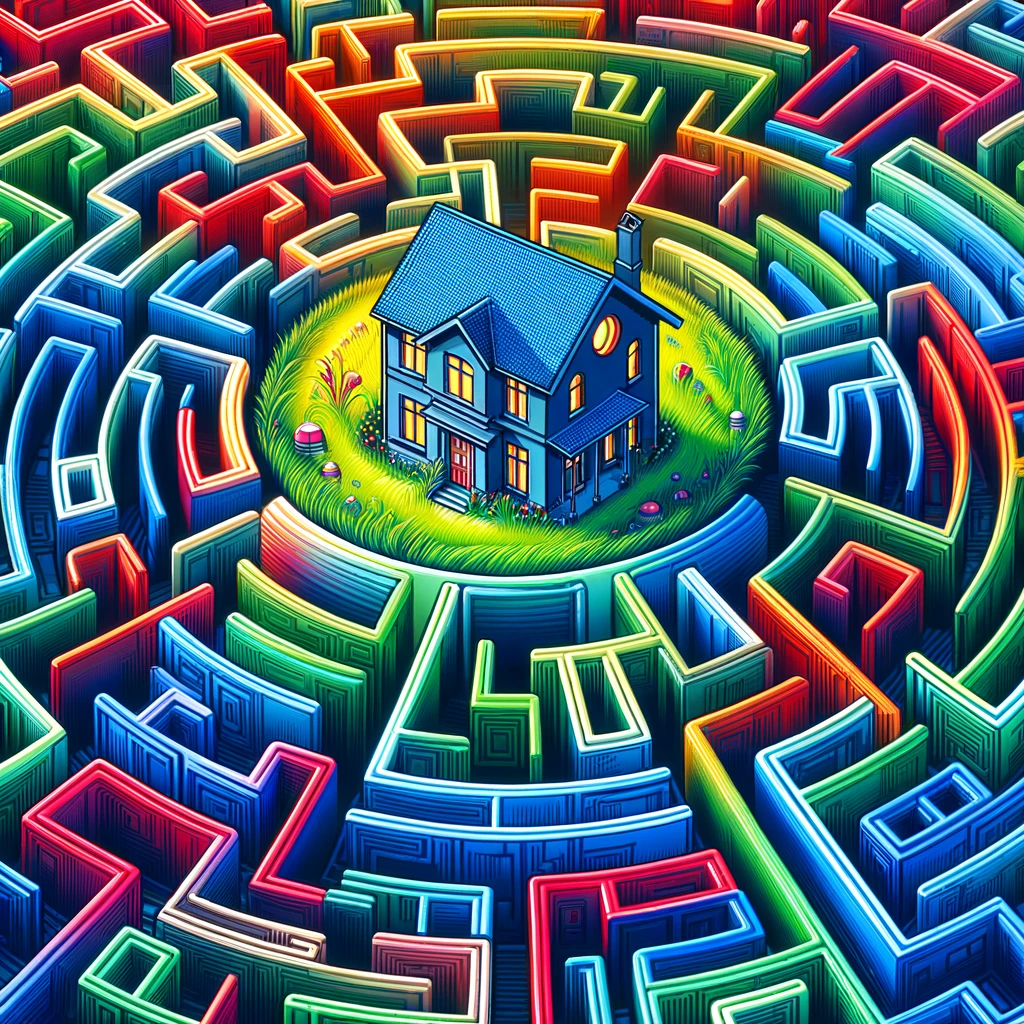 A vividly colored labyrinth with a lucrative property investment at the center. The labyrinth is intricate and sprawling, filled with multiple paths that lead to a good short-term rental investment.